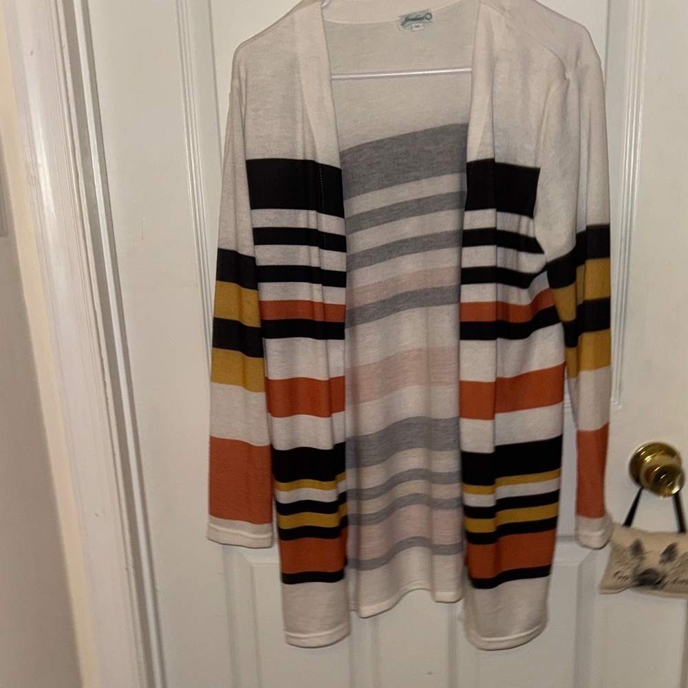 Chic Striped Open Cardigan in Cream, Black, and Orange